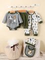 SHEIN Newborn Baby Boy Full Moon Gift Set, Cute Dog Print Jumpsuit, Jumpsuit, Hat, Saliva Napkin And Other Multi-Piece Sets