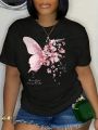 Plus Size Women'S Butterfly Graphic Short Sleeve Crewneck T-Shirt With Slogan