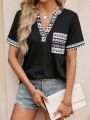 Women's Printed Spliced Notched Neck T-Shirt