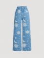 SHEIN Teen Girls' Elastic Waist Sun Moon Star Print Denim Jeans, Water Washed Comfortable Casual Fashionable Style