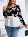 SHEIN Clasi Women's Plus Size Color Block Tee With Floral Print