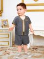 SHEIN Unisex Infant Short Sleeve Patchwork Shirt Elastic Waist Shorts Set