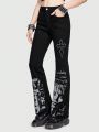 ROMWE Grunge Punk Women's Skull Slogan Print Flared Jeans