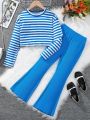 Girls' Striped Long Sleeve T-shirt And Solid Color Flared Pants Set