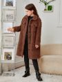 SHEIN Girls' Knitted Solid Color Reversible Fleece Collar Pockets Casual Long Coat