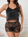 Lace Trimmed Satin Halter Top And Sheer Shorts Pajama Set