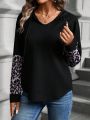 SHEIN LUNE Leopard Patchwork Long-sleeved Hooded Sweatshirt