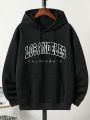 Men Plus Letter Graphic Kangaroo Pocket Drawstring Thermal Lined Hoodie