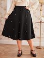 SHEIN DECDS Plus Size Pearl Bead Studded Flared Skirt