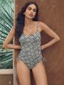 SHEIN Leisure Checker and Floral Print Drawstring Side One Piece Swimsuit