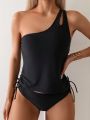 SHEIN Swim Basics Women's Solid Color Single Shoulder Casual Tankini With Drawstring Bag