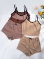 3pcs Contrast Binding Cami Top & 3pcs Bow Front Shorts Lounge Set