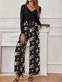 SHEIN Frenchy Women's Solid Color Striped Top & Print Pants Two Piece Set