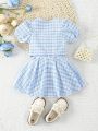 Baby Girls' Spring/Summer Simple Gingham Pattern Short Sleeve Top, Camisole Top And Skirt 3pcs Outfit