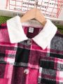 Teen Girls' Contrast Color Pleated Bust Cup Dress And Plaid Coat Set