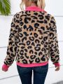 SHEIN LUNE Leopard Print Drop Shoulder Teddy Jacket