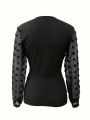 Plus Size Women's Wrap Front Mesh Splicing Long Sleeve Top