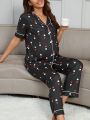 Maternity Heart Printed Contrast Piping Pajama Set