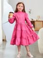 SHEIN Kids Nujoom Girls' Vintage Turtle Neck Long Sleeve Solid Layered Midi Dress For Winter