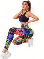 Tropical Print Wideband Waist Sports Leggings