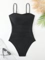SHEIN Swim Classy Ladies' Sexy Mesh Splicing One-Piece Swimsuit With Thin Shoulder Straps, Mature Charm Style
