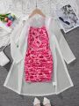 SHEIN Kids Y2Kool Big Girls' Fashionable Heart Pattern Knit Cami Dress With Solid Color Shirt