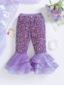 SHEIN Kids EVRYDAY Little Girls' Fashionable Shiny Fish Scale Patterned Pants With Ruffled Hem For Autumn And Winter