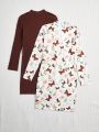 SHEIN Kids QTFun Tween Girl 1pc Butterfly & Floral Print Mock Neck Dress & 1pc Solid Ribbed Knit Dress