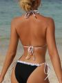 Contrast Ruffle Trim Triangle Cup Knotted Side Bikini Swimsuit Set