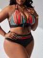 SHEIN Swim Vcay Plus Size Women'S Colorful Striped Halter Bikini Set