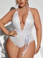 SHEIN Swim SXY Plus Size Deep V-neck Halter Cross Back One-piece Swimsuit