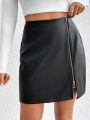 SHEIN Essnce Women'S Zipper Front Pu Leather Mini Skirt