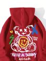 Slogan And Cartoon Print Kangaroo Pocket Thermal Lined Hoodie