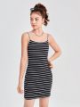 SHEIN Girls' Teen Knitted Solid Color Striped Slip Dress Two-piece Set