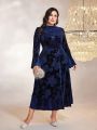 Plus Floral Jacquard Flare Sleeve Ruffle Hem Velvet Dress