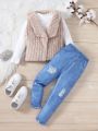 SHEIN Kids FANZEY Young Girls' Front Open Fuzzy Vest Jacket With Long Sleeve T-Shirt And Denim Effect Long Pants 2pcs/Set