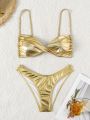 SHEIN DD+ Women's Metallic Knot Detail Swimsuit Set