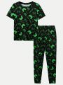 SHEIN Teen Boys' Casual Video Game Pattern & Letter Printed Short Sleeve Top And Pants Homewear Set, Summer