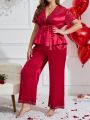 Plus Size Lace Splicing Imitation Ribbon Belt Pajama Set
