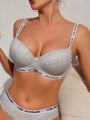 Women's Letter Jacquard Strap Bra With Non-Removable Molded Cups