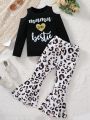 SHEIN Kids Nujoom Little Girls' Casual Hollow Out Shoulder Round Neck Long Sleeve Slim Fit Letter Pattern Printed T-Shirt And Leopard Print Flare Pants With Elastic Waistband Set For Spring And Autumn