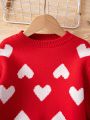 Girl'S Heart Pattern Sweater And Half Skirt Set With Round Neckline