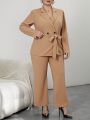 SHEIN Privé Plus Double Button Belted Blazer & Pants