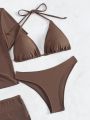 SHEIN Swim SXY Solid Color Triangle Cup Bikini Swimwear Set + Circular Ring Decor Cover Up Set