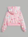 Kawaii Hooded Sweatshirt With Cartoon Printed Pattern And Bowknot Decor