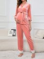 Maternity Contrast Lace Belted Velvet Robe & Pants PJ Set