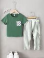 SHEIN Kids EVRYDAY Toddler Boys' Simple College Style Short Sleeve T-Shirt And Striped Pants Set For Summer