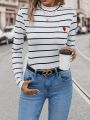 SHEIN Frenchy Heart Embroidery Striped T-shirt