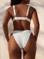 SHEIN Swim Basics Women's Solid Color V-Neck Bikini Swimsuit Set