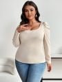 SHEIN Frenchy Plus Size Women'S Square Neck Striped Long Sleeve T-Shirt